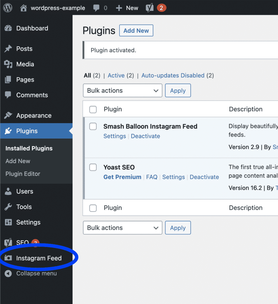 Screen Shot 2021 05 04 at 5.54.47 pm the instagram feed plugin menu option in the WordPress admin portal.